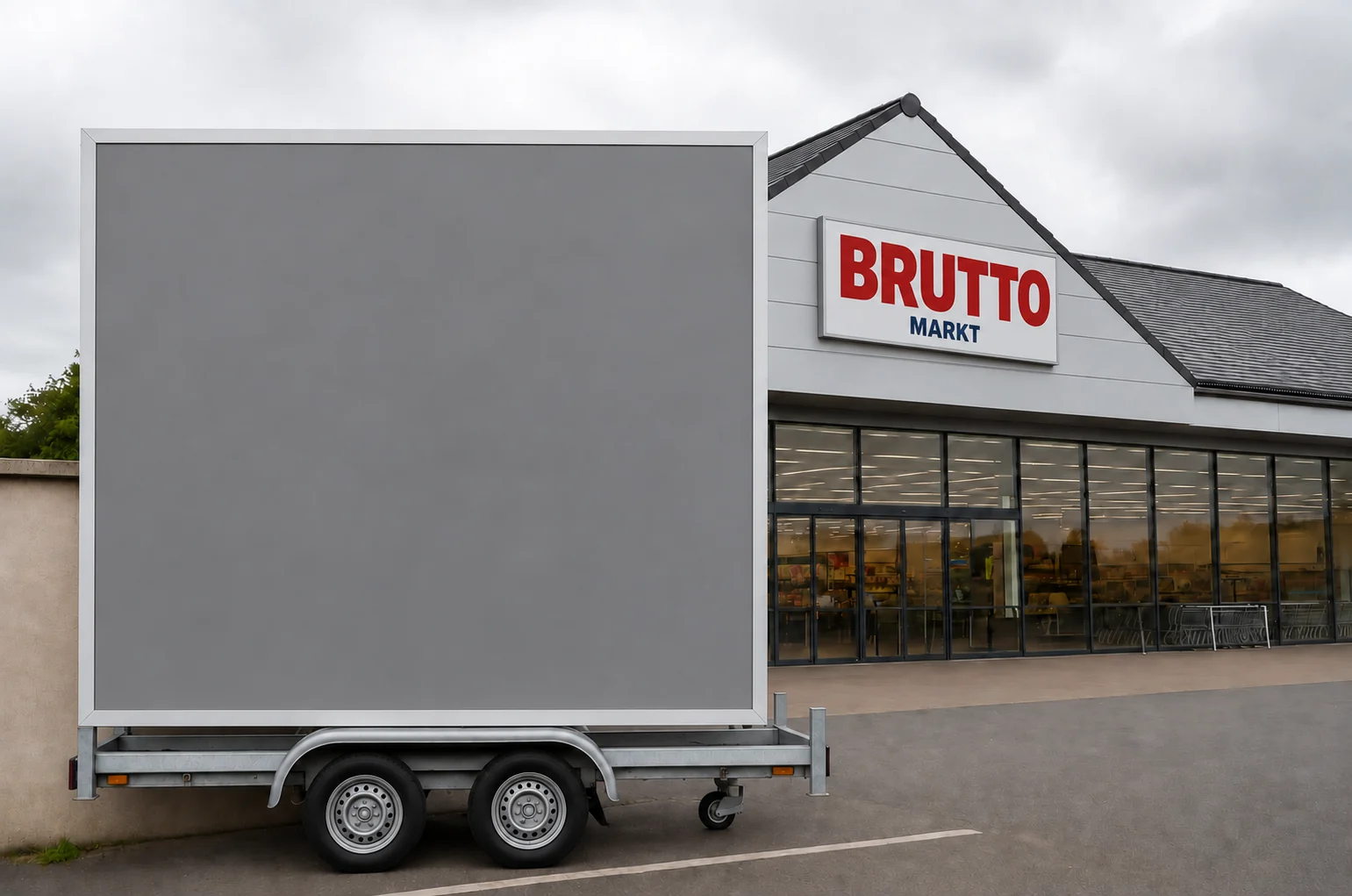 Plakatkonzept vor einem Brutto-Supermarkt