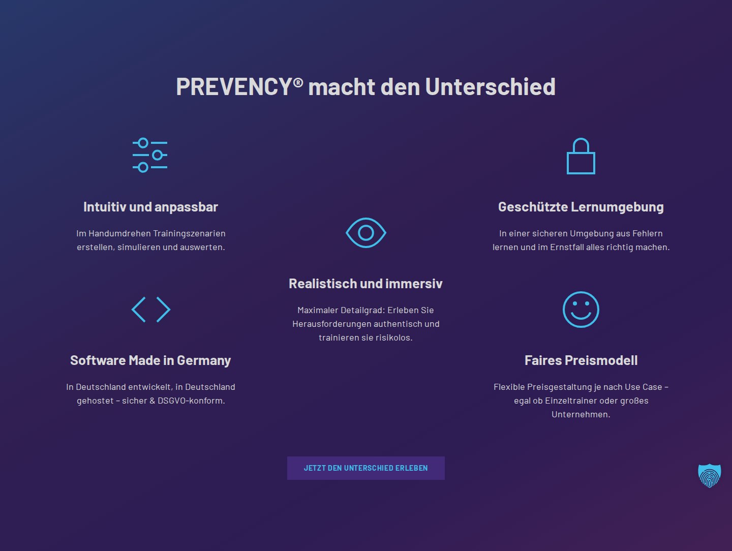 Originalausschnitt der PREVENCY-Website mit den wichtigsten Produktvorteilen