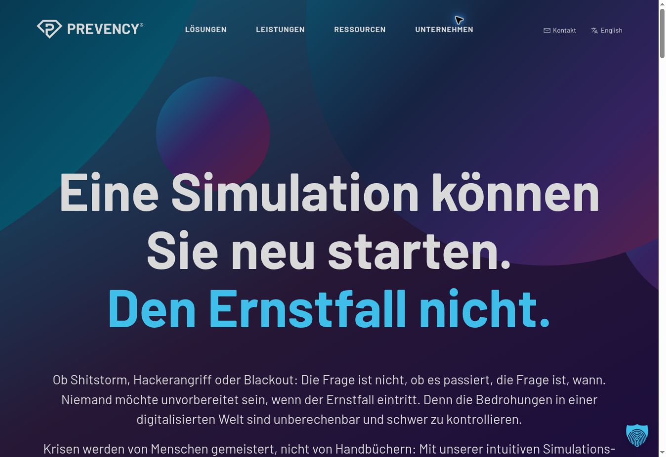 Startseite von PREVENCY mit der Headline Eine Simulation können Sie neu starten. Den Ernstfall nicht.