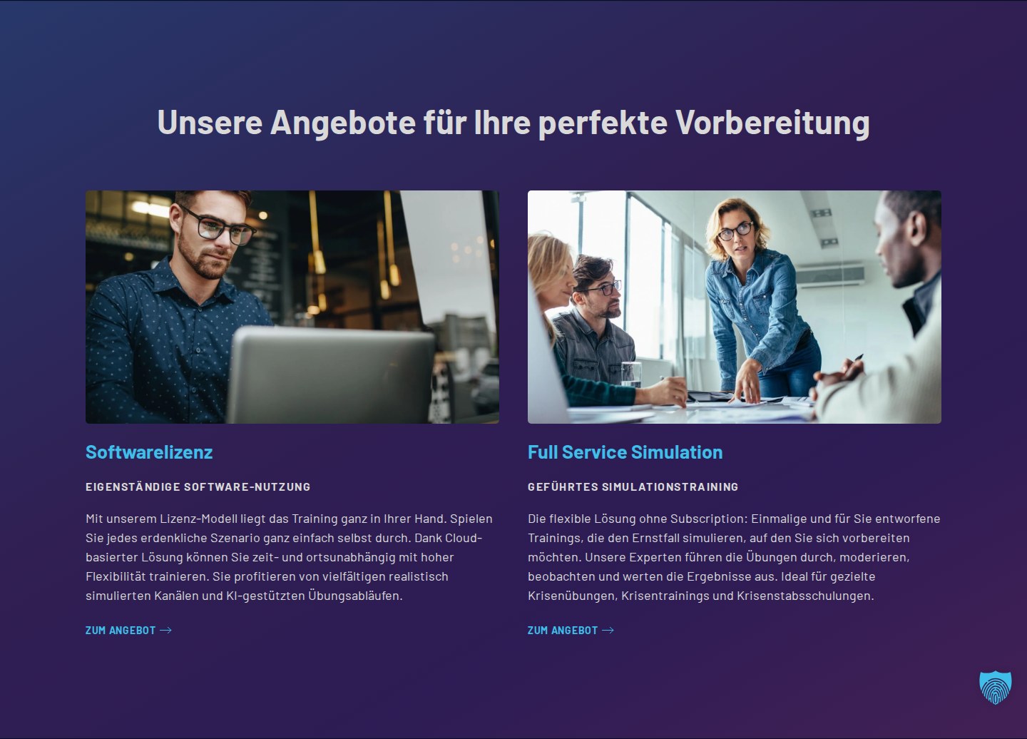 Originalausschnitt der PREVENCY-Website mit Softwarelizenz und Full Service Simulation