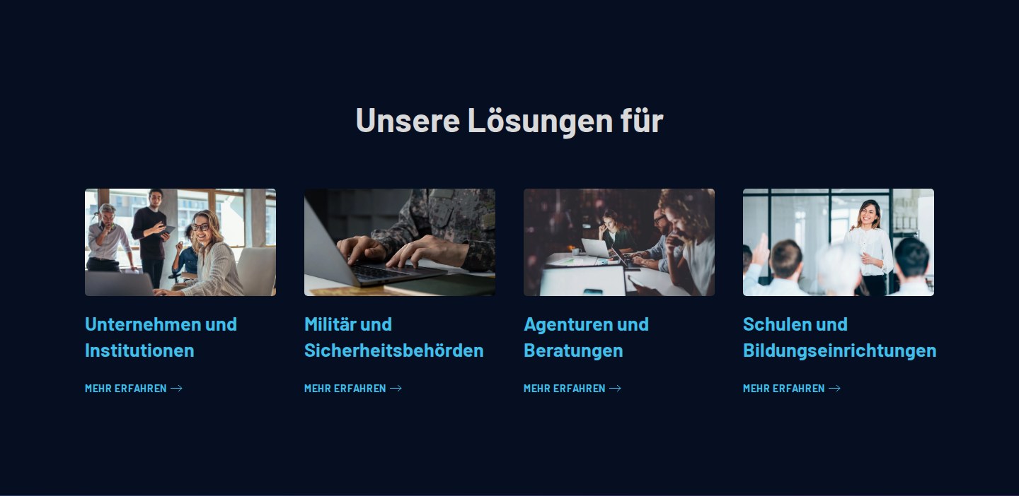 Originalausschnitt der PREVENCY-Website mit den Lösungen für vier Zielgruppen